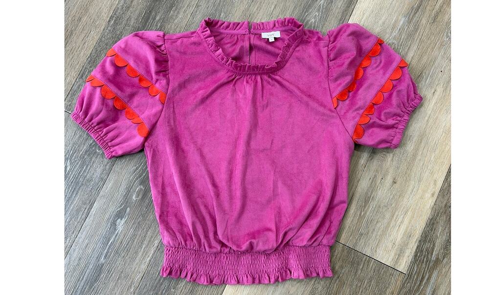 VOY Women’s Small Puff Sleeve Smocked Top Pink Red Scallop Trim Cottagecore